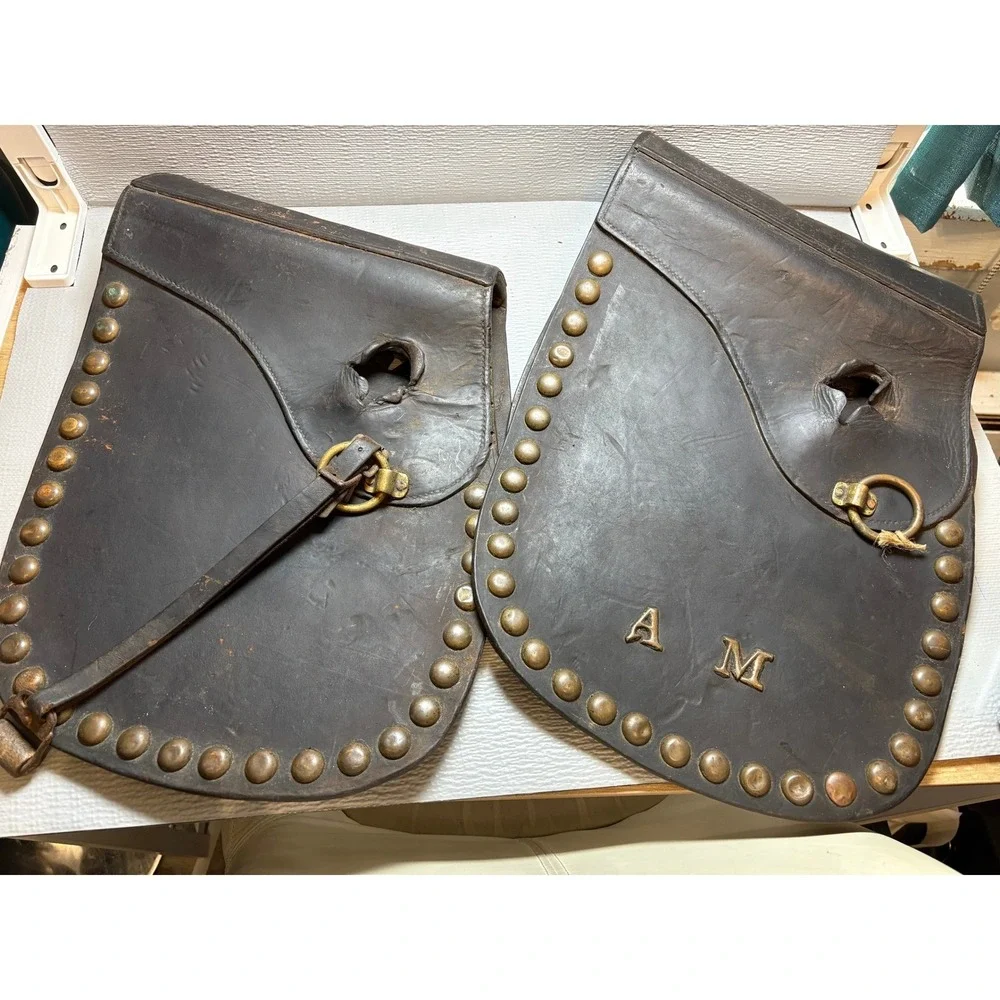 Vintage Studded Leather Motorcycle‎ Saddlebags AM Brass Detail Distressed